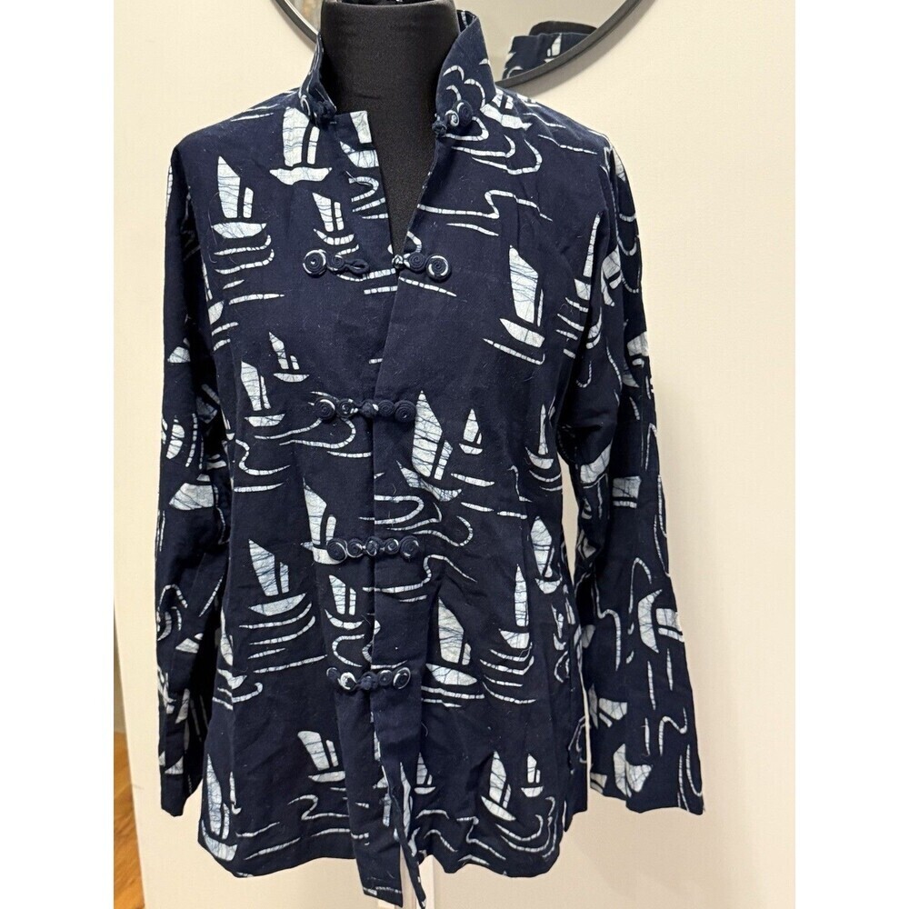 Tang Style Linen Jacket sz S Buttons  Langenlook Sailboat Print Navy No Tags